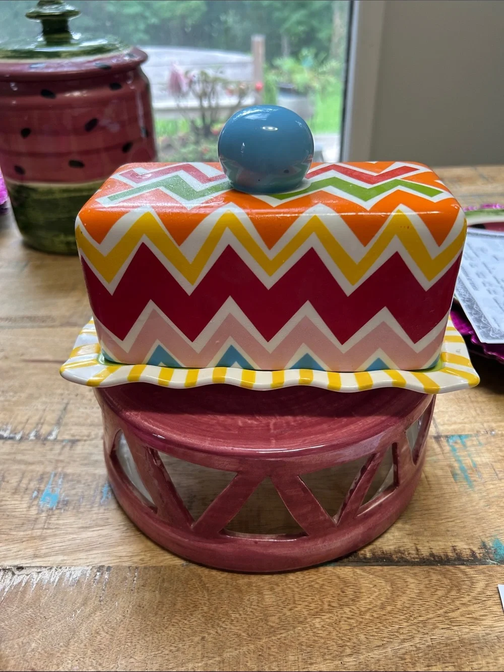 Colorful Chevron Ceramic Butter Dish with Blue Knob